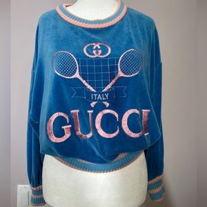 Authentic GUCCI Velour Blue and Pink Tennis Embroidered Sweatshirt Size Small